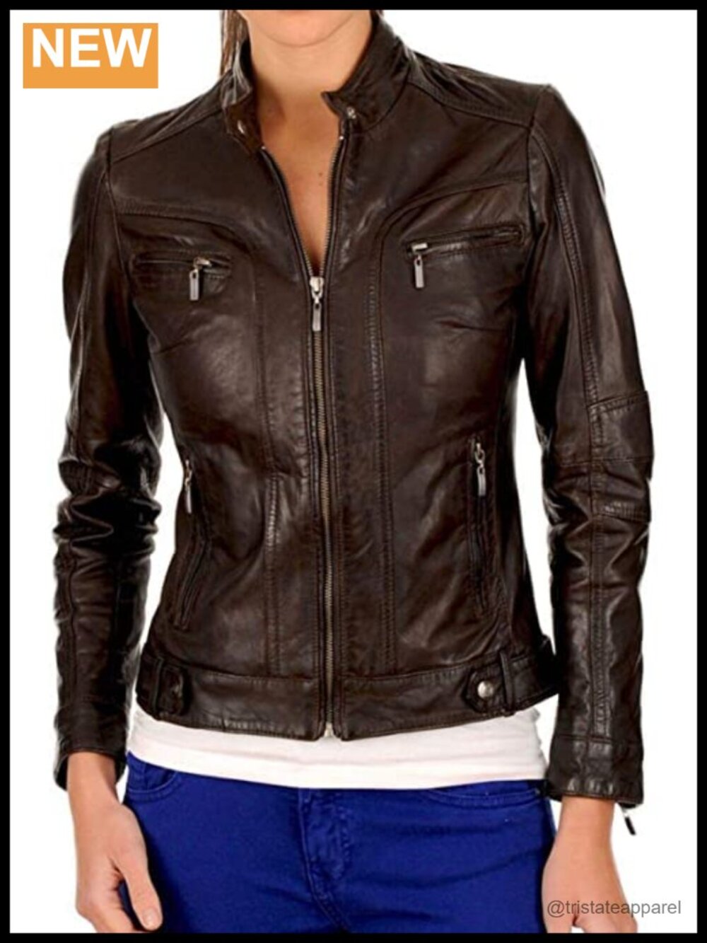 Real Leather Biker Jacket w/ Zipper - Fitted Motorcycle Moto
